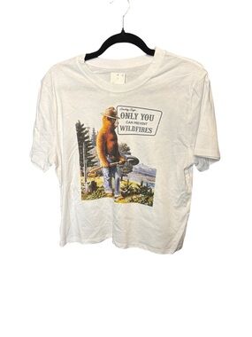 Mighty Fine White Smokey Bear Graphic Tee with Multicolor Print Cropped